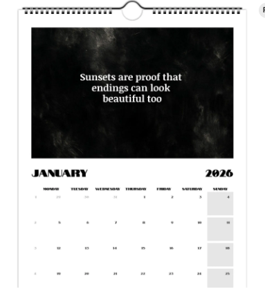 Dark Life Quotes Wall Calendar 2026 – Inspiring & Thought-Provoking Black Aesthetic Calendar