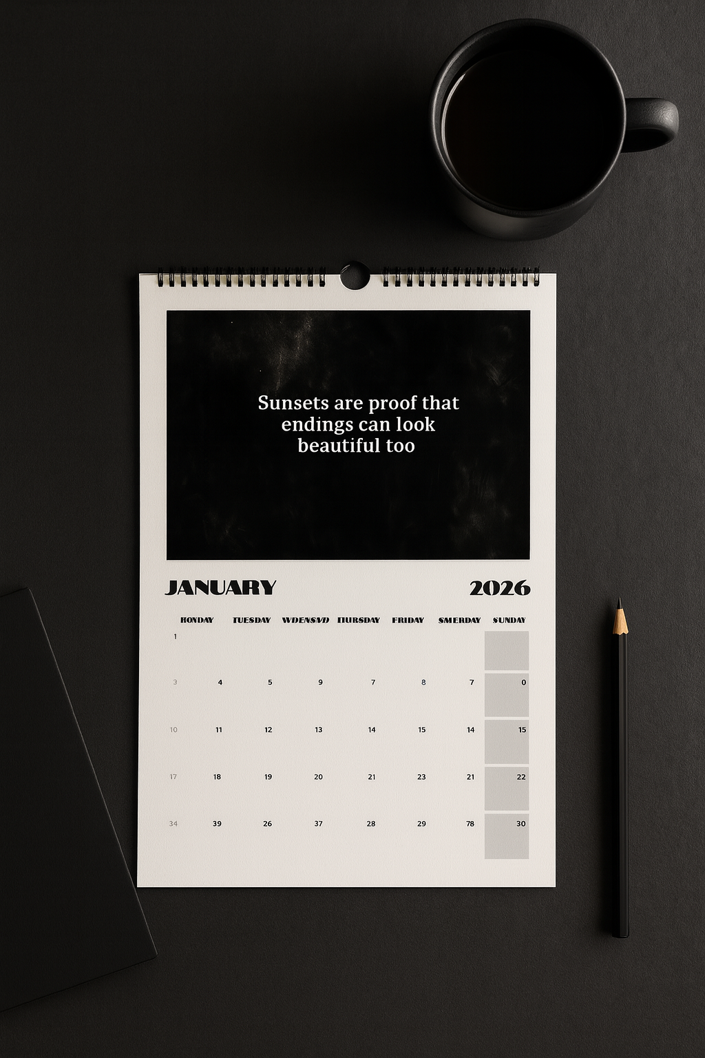Dark Life Quotes Wall Calendar 2026 – Inspiring & Thought-Provoking Black Aesthetic Calendar